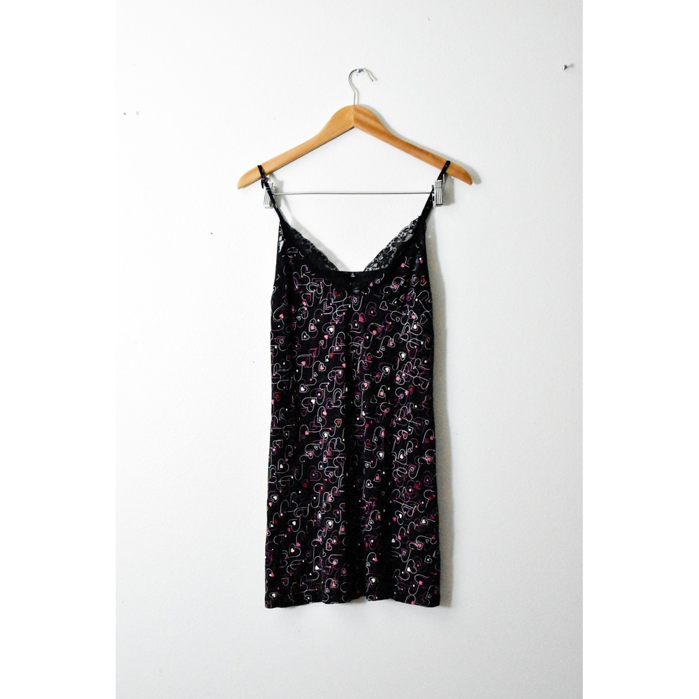 Apt. 9 Heart Print Chemise Nightgown Women Medium Black Pink Excellent Lace Trim